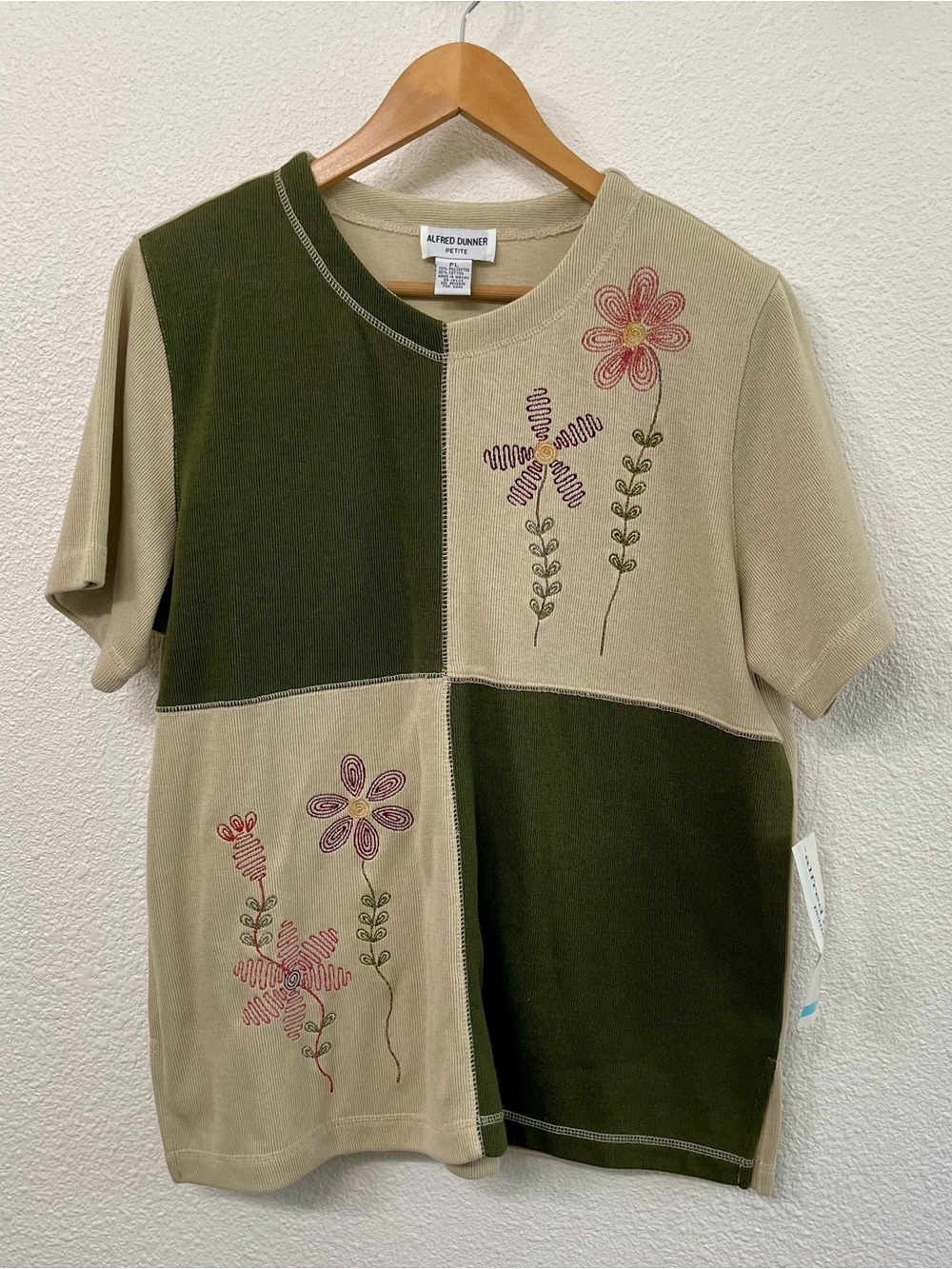 Alfred Dunner Olive & Beige Patchwork Floral Embroidered Short Sleeve Sweater